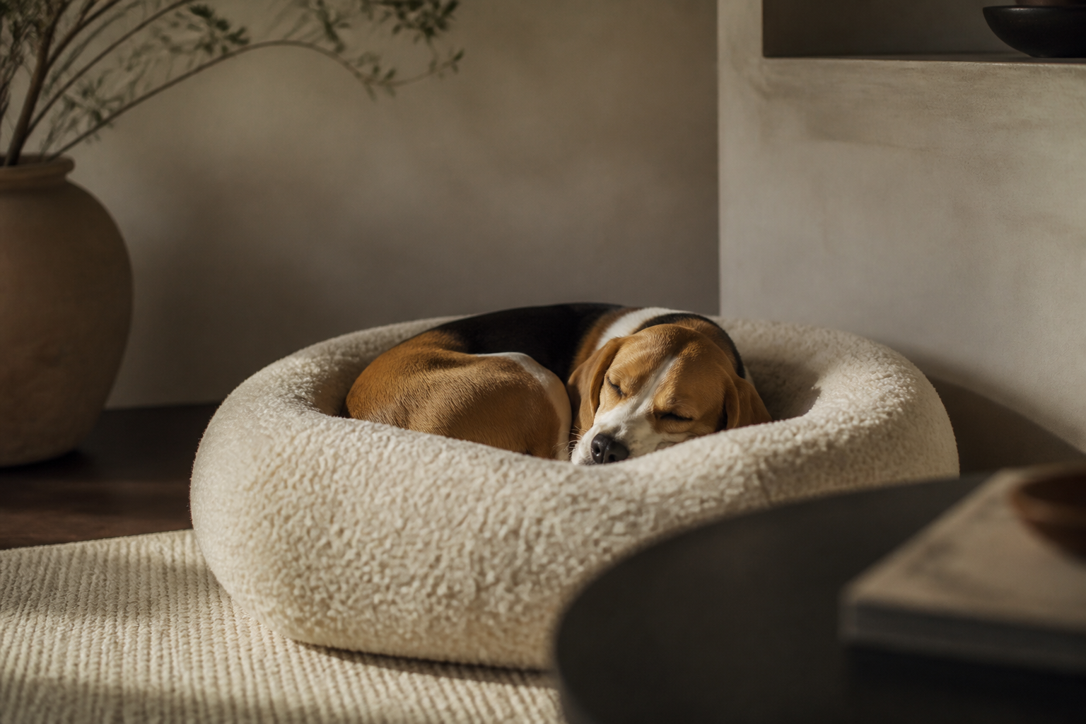 A beagle asleep in a cream bouclé bed