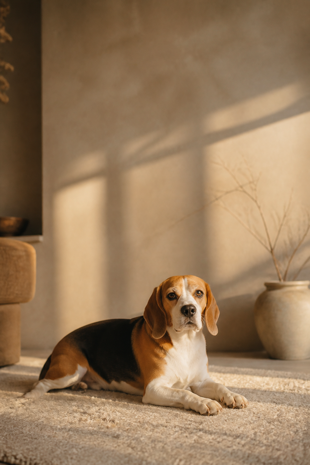 A beagle resting in a sunlit minimal interior